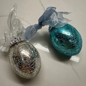 Set of 2 Crackle Mirror Finish Decorative Eggs with Ribbon Bows Silver Turquoise